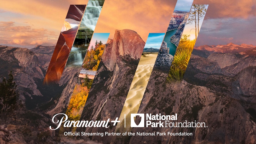 A canyon at sunset with the Paramount+ and National Park Foundation logos overlaid with text that reads "Official Streaming Partner of the National Park Foundation"