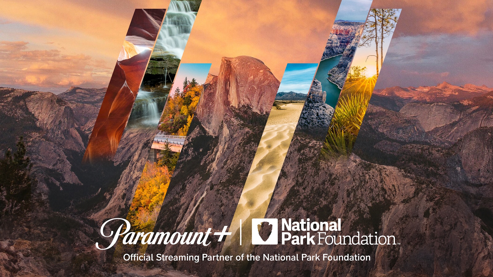 A canyon at sunset with the Paramount+ and National Park Foundation logos overlaid with text that reads "Official Streaming Partner of the National Park Foundation"