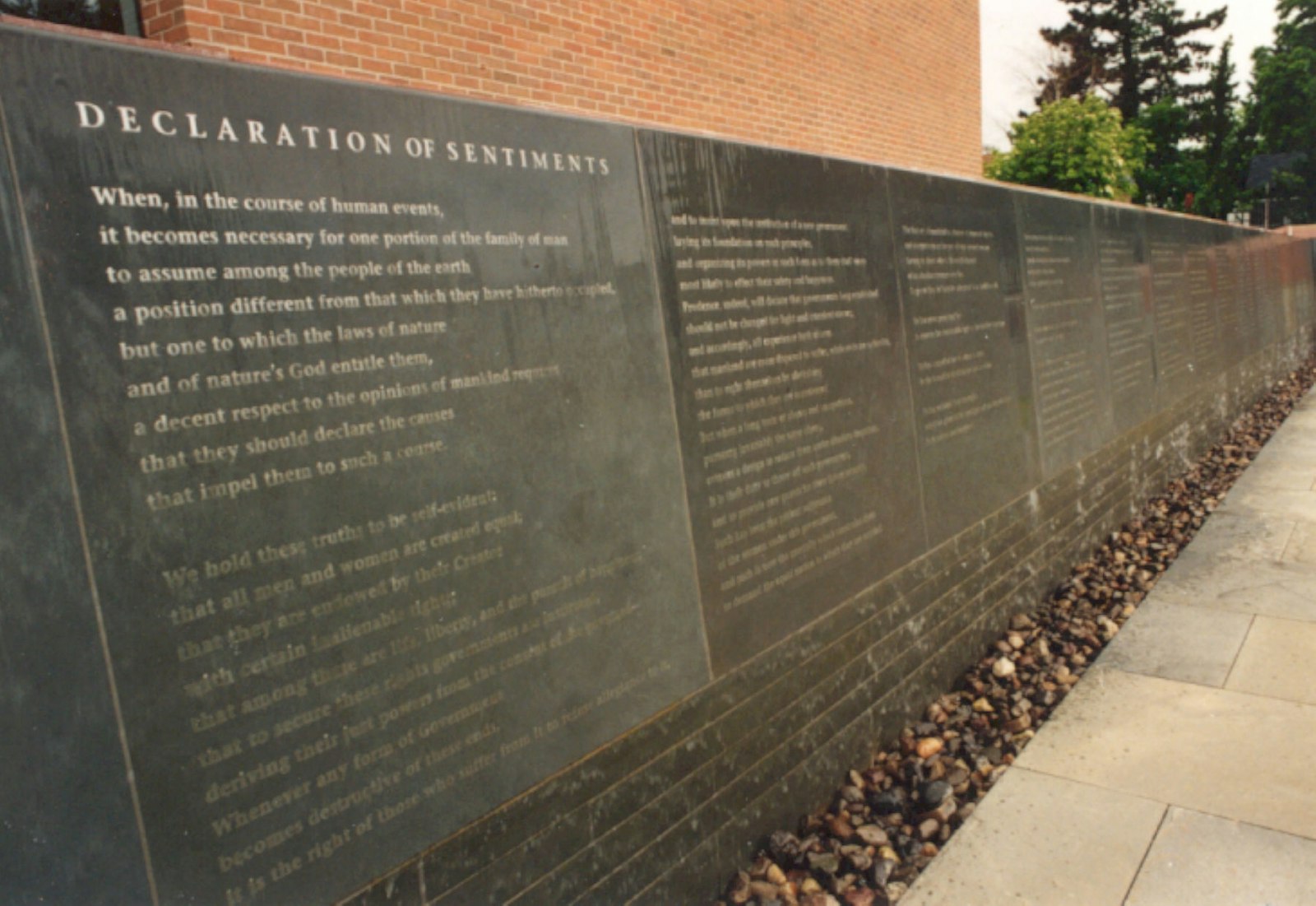 Stone wall inscribed with the Declaration of Sentiments