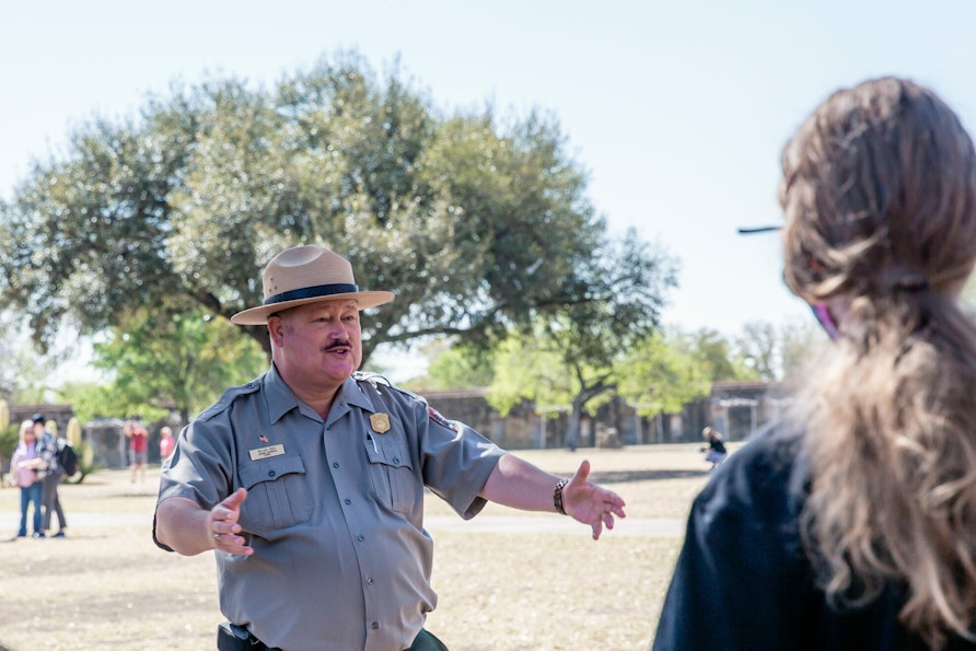 William Bozic, Park Ranger at San Antonio Missions National Historic Park talks to students.
