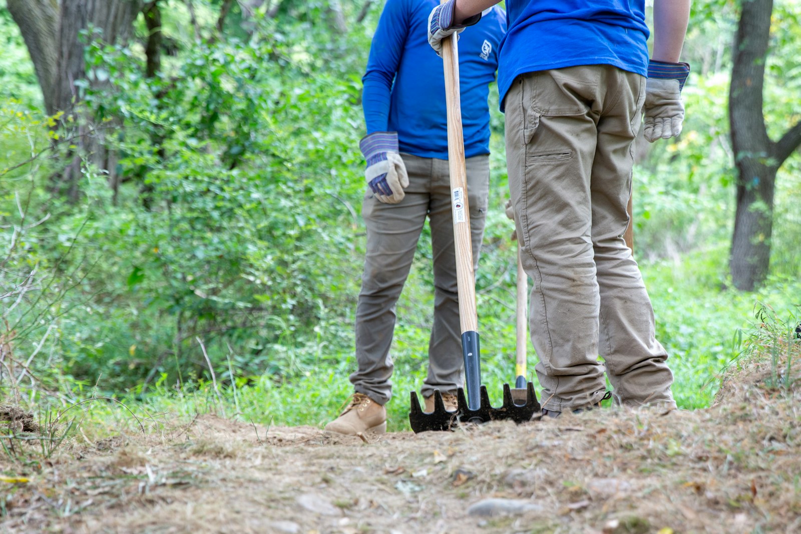 The torsos and legs of two people in matching blue shirts and khaki pants. One holds a rake