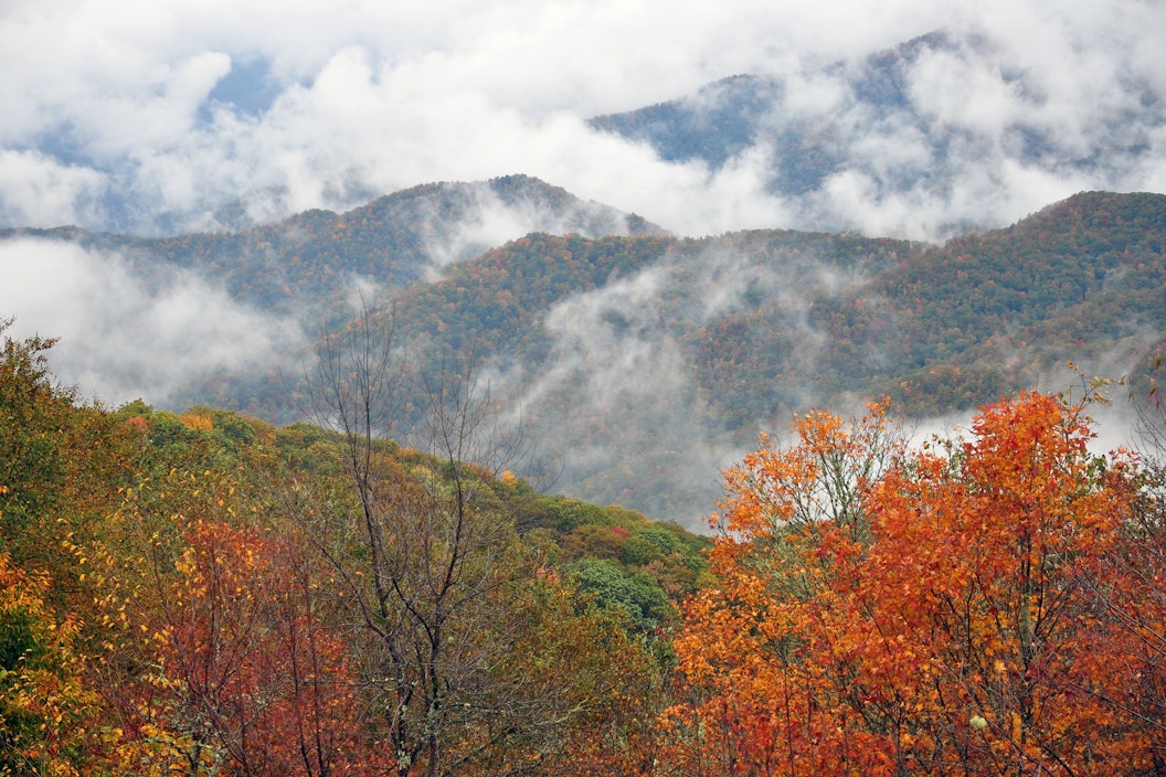 fog rolling over autumn-colored hills and mountains