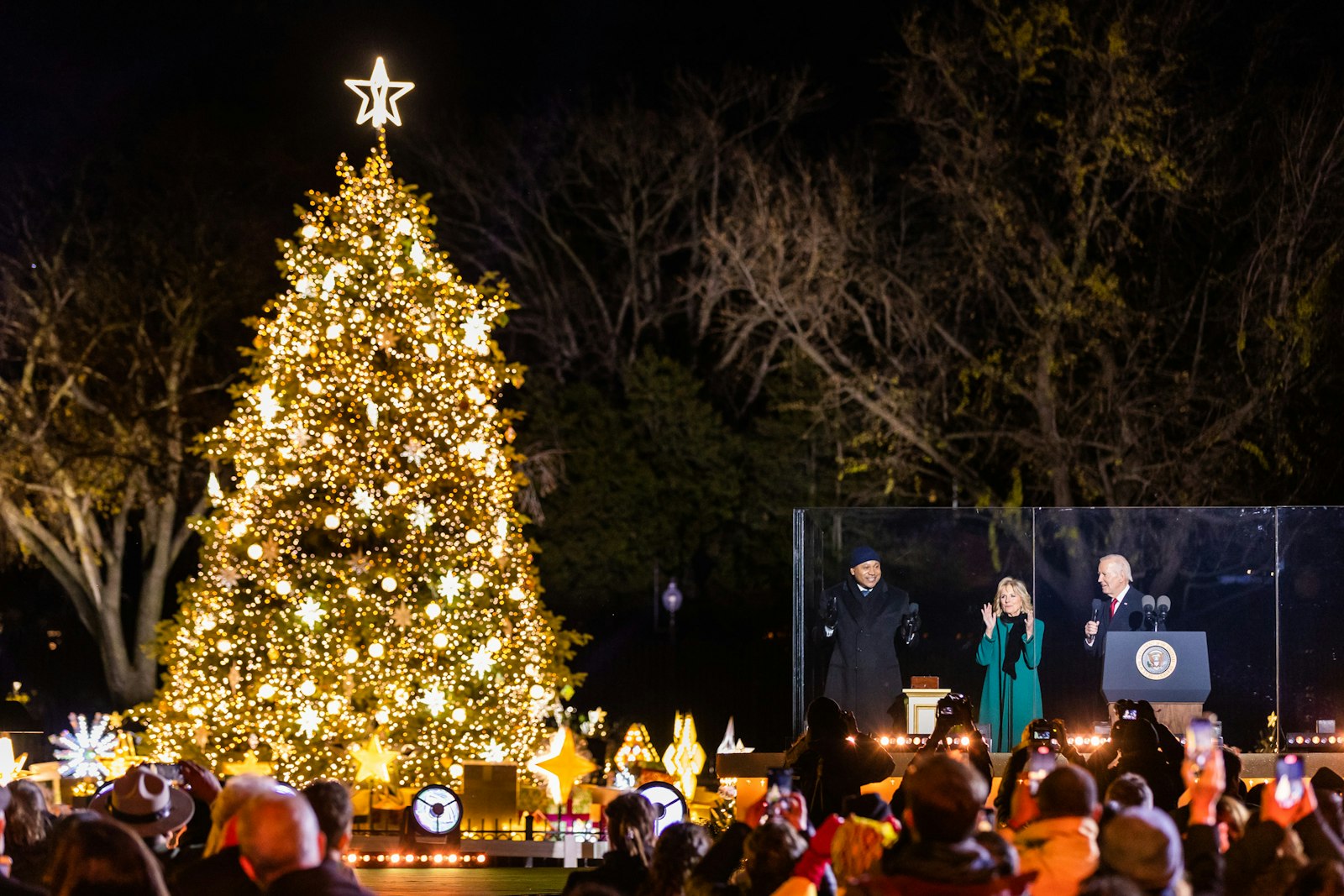 LL COOL J, Dr. Jill Biden, and President Joseph R. Biden, Jr. at the 2022 National Christmas Tree Lighting Ceremony