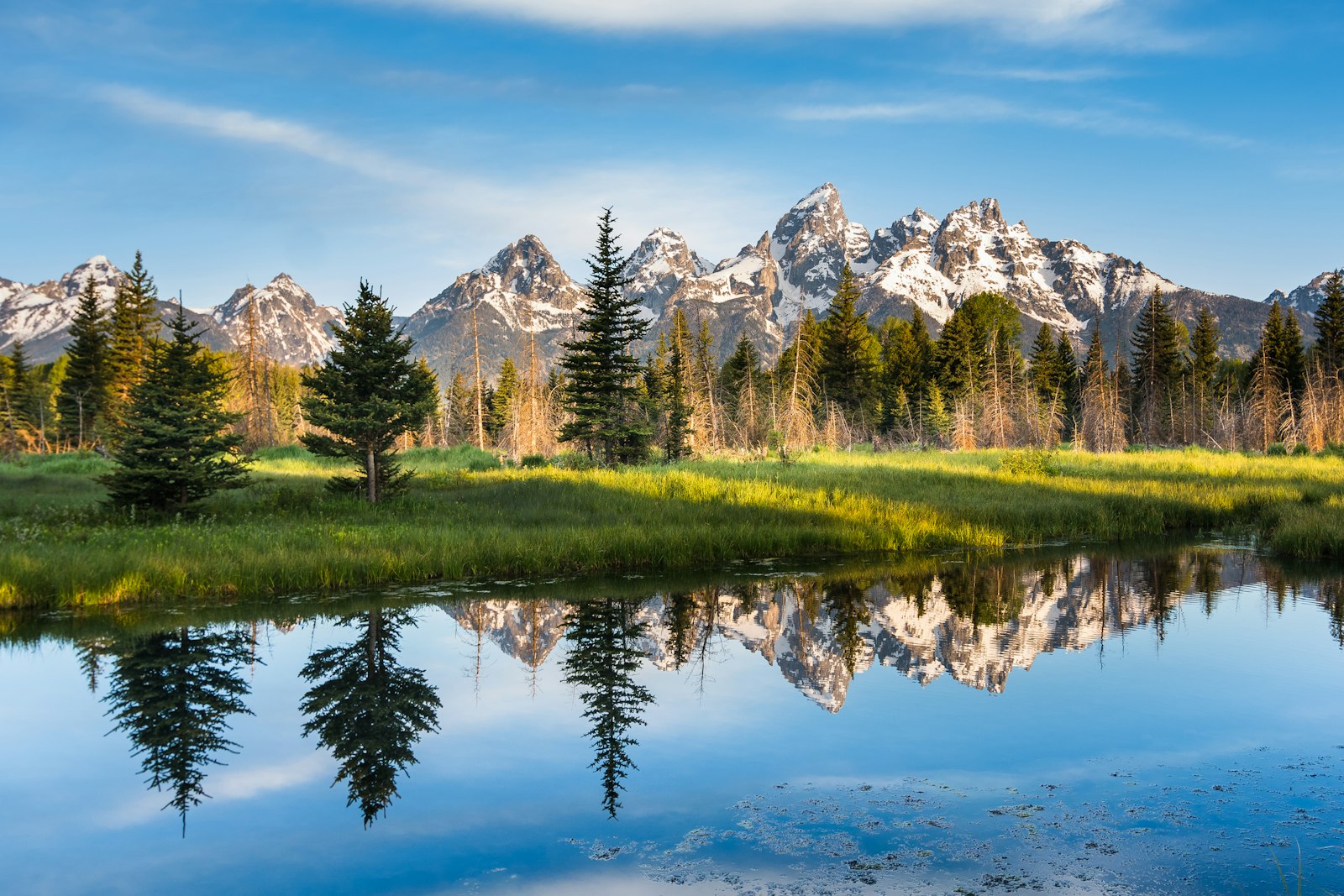 A clear lake reflects back evergreen trees and a snow-capped mountain landscape