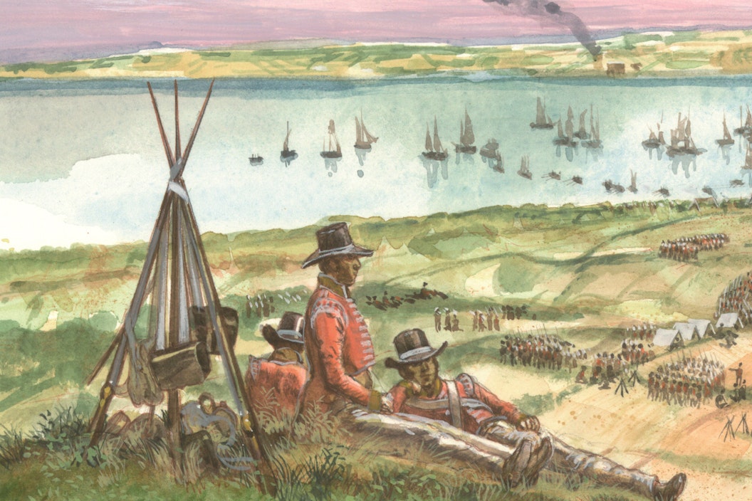 Illustration of colonial soldiers, wearing red jackets, lounging near a campsite on the coast
