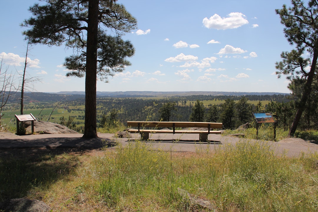 A bench and wayside exhibit along a dirt trail