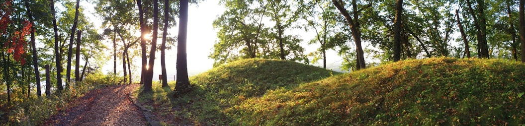 Effigy mounds, covered in lush green grass, leading up to a sunrise