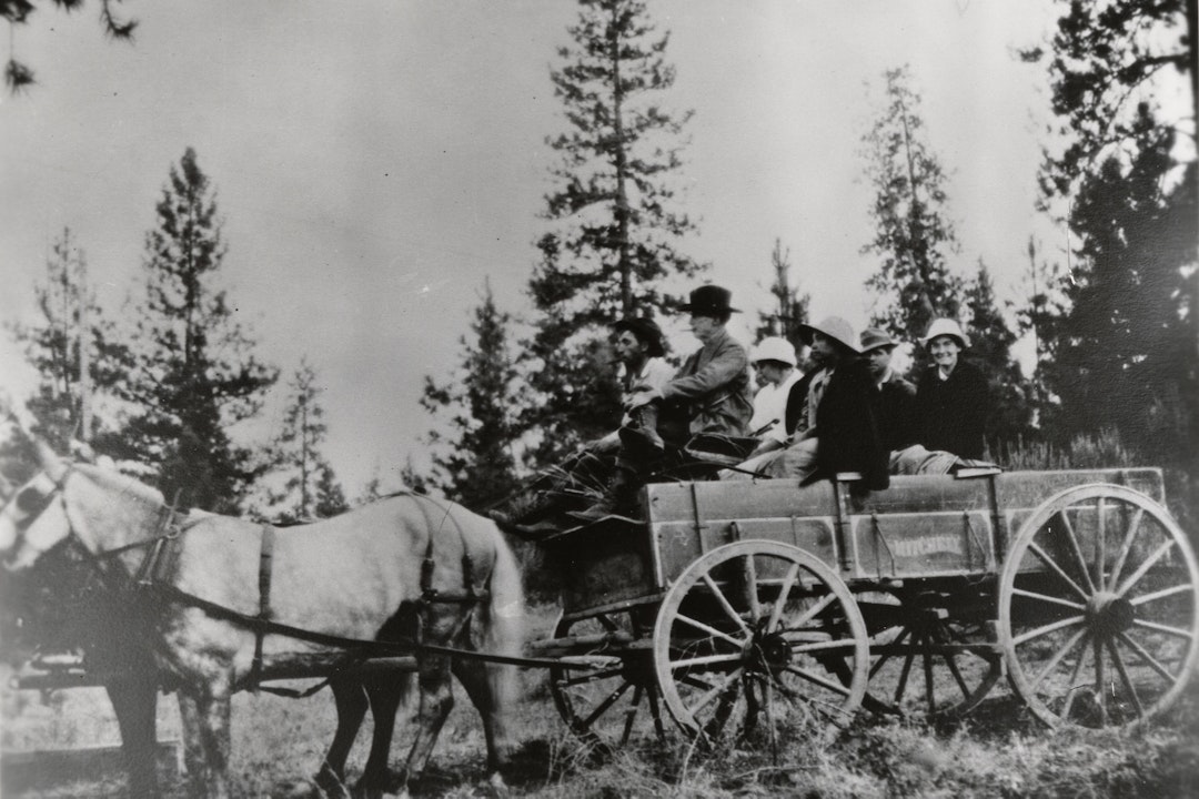 Black and white photograph of six people in a open wagon pulled by two horses. They are in a field surrounded by trees.