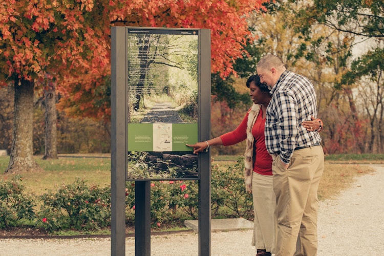 A man and woman looking at an wayside exhibit along the Carver walking trail.