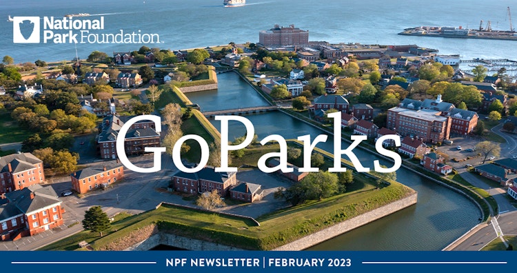 Arial photo of a town with a river running through it. The text reads "GoParks; NPF Newsletter: February 2023"