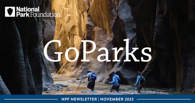 Image of people hiking through the base of a canyon. Atop the image is the text: National Park Foundation; GoParks; NPF Newsletter | November 2023