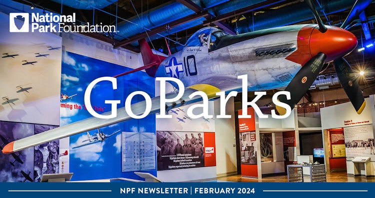 A model of a space shuttle in a museum. Text reads: GoParks NPF Newsletter February 2024