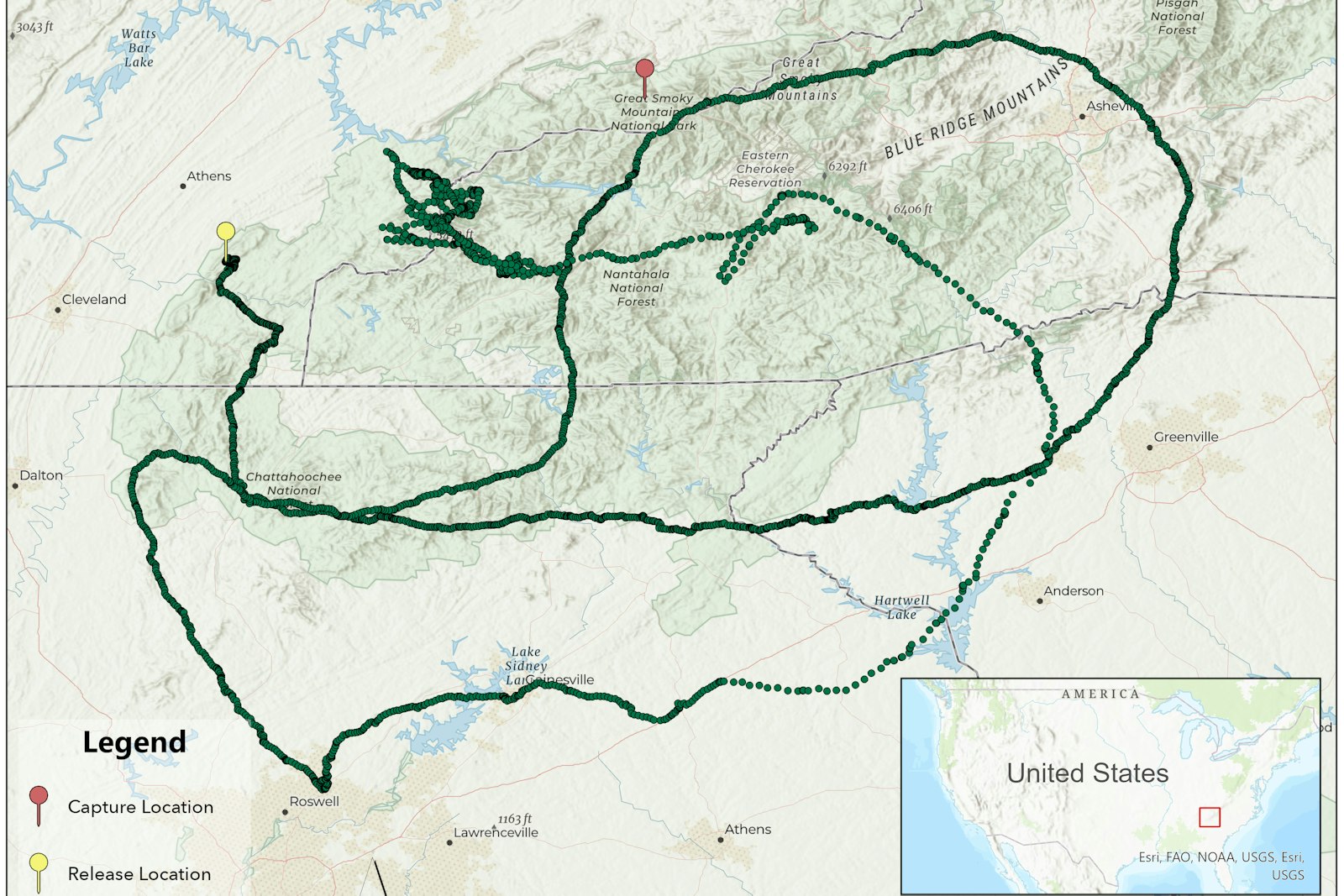 A map with a large looping trail tracked in green