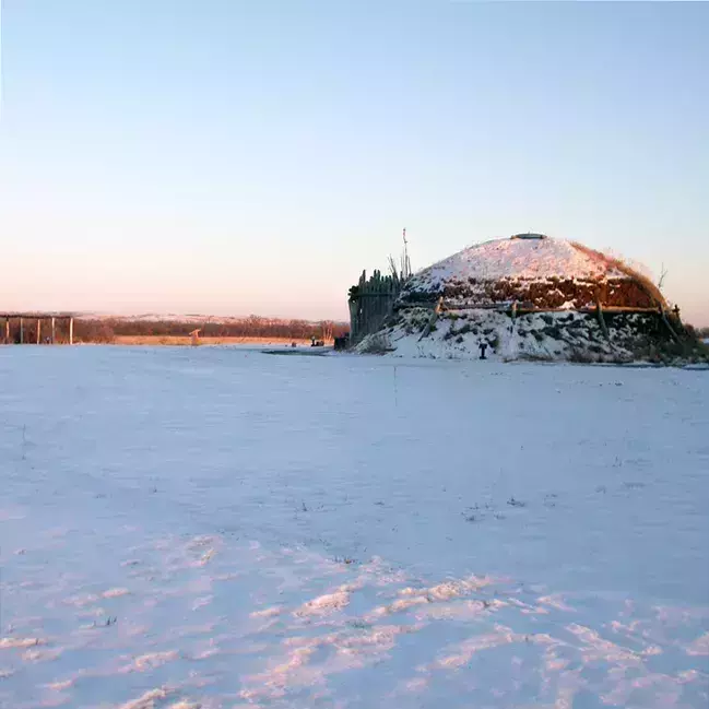 Historic structures in a blanket of snow
