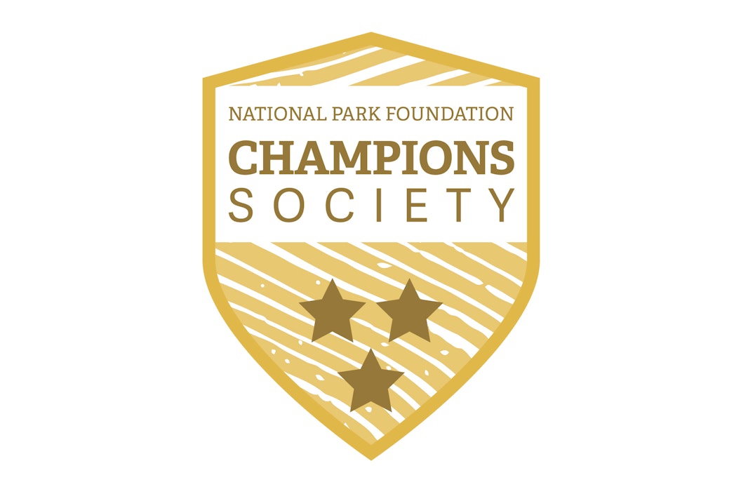 Illustration of a badge that reads "National Park Foundation, Champions Society" with 3 stars