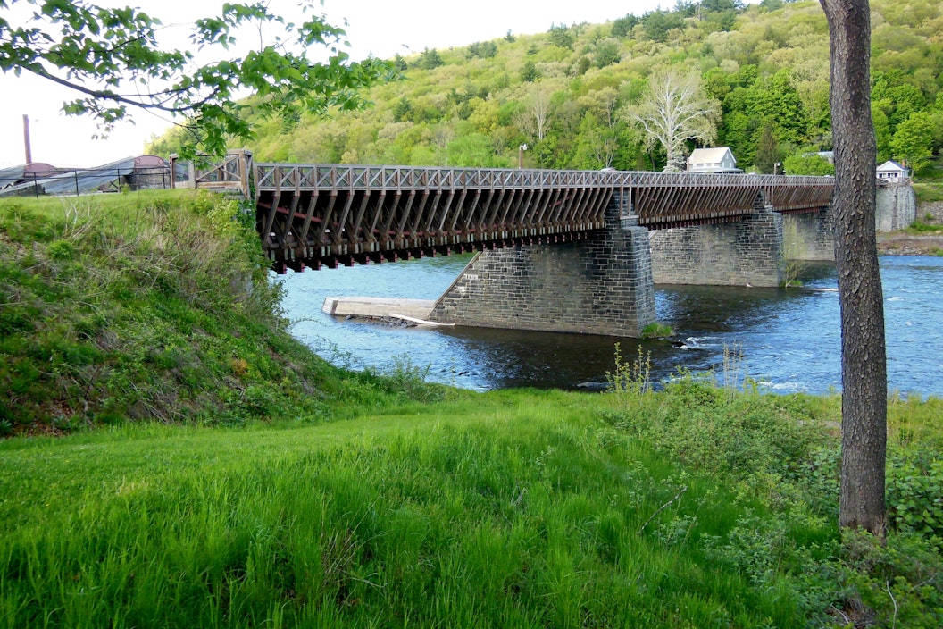 A bridge stretches across a river