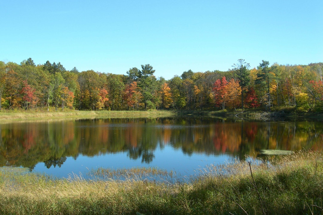 View of body of water and colorful fall foliage along North Country Scenic Trail