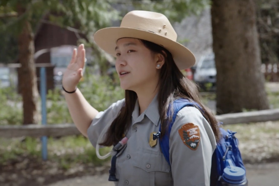 Calista Lum leads the students in their swearing in as Junior Rangers at Yosemite National Park