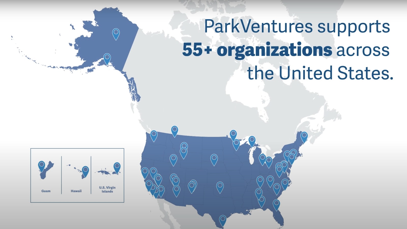 An illustration of the U.S. and icons to signify where NPF's ParkVentures program has supported programming