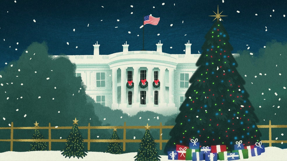 Illustration of the White House with a Christmas tree out front on a snowy day