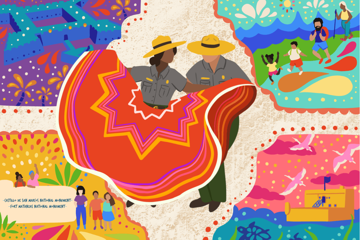 Illustration of two rangers, with four scenes from four parks celebrating Unidos En La Música: A Latin American Festival