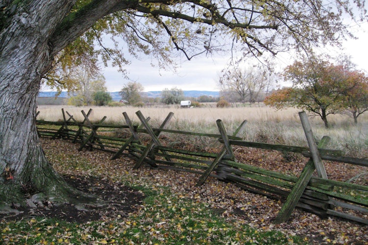Split rail fence at Visitor Center with view of the Blues