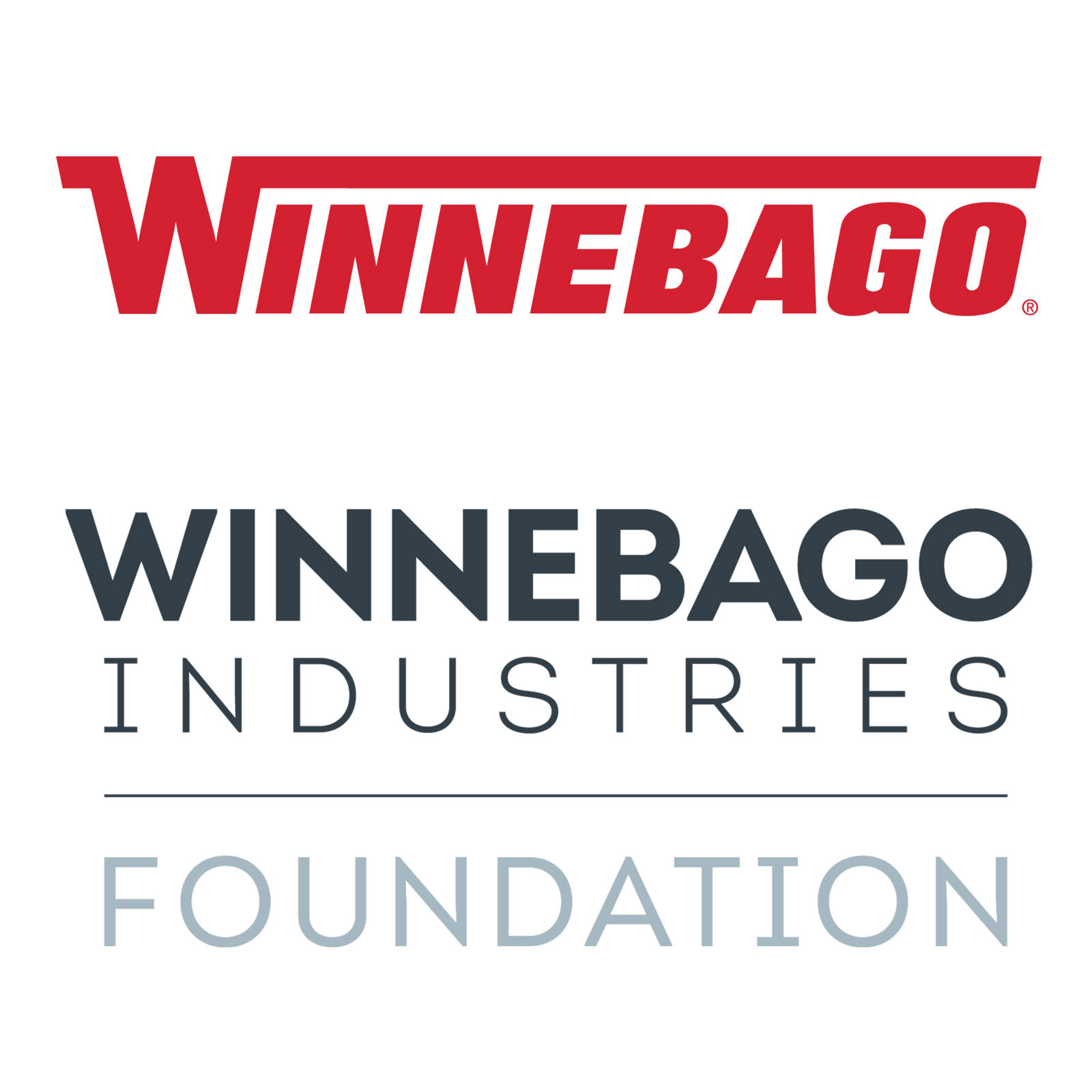 Two logos: above, a red Winnebago logo; below, a gray and blue "Winnebago Industries Foundation" logo
