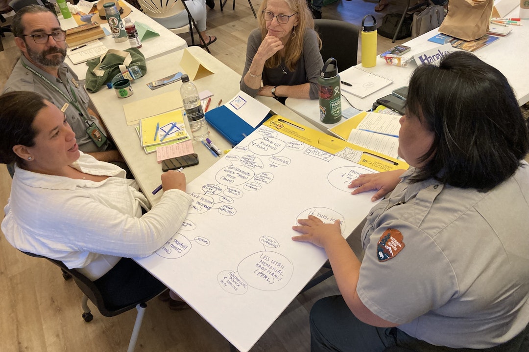 A group of people, sitting at a table, discuss and put notes on a large pad of paper. Two of the people are wearing NPS ranger uniforms