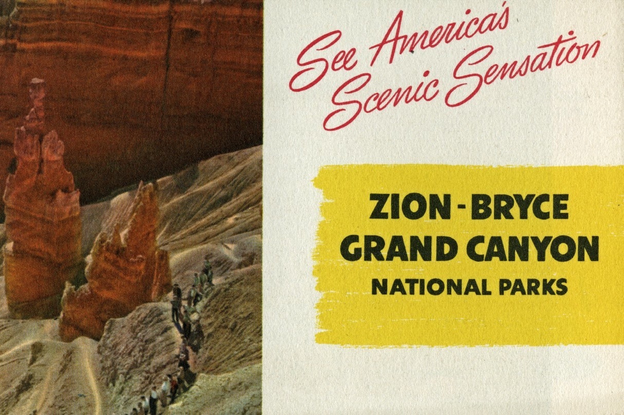 Vintage travel brochure depicting Zion and Bryce Canyon National Parks