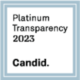 Square with grey-blue border. Text reads "Platinum Transparency 2023 - Candid."