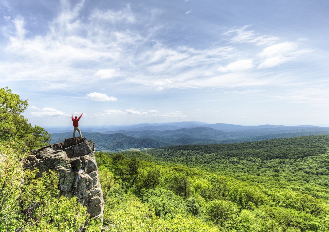Hiker on a summit raises their arms into the air and looks out on rolling green hills