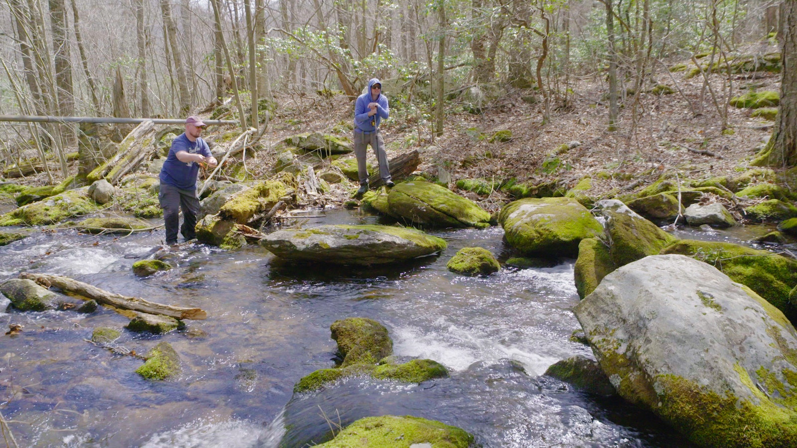 Two people fly fish along a stony river