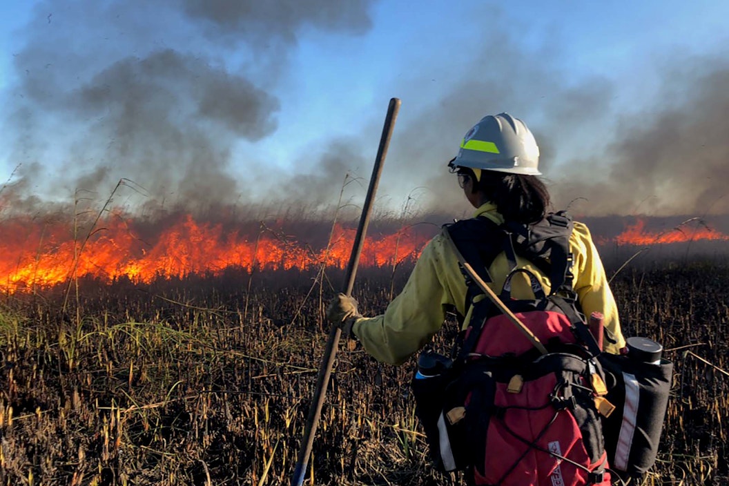 A person in safety gear looks out at a controlled burn