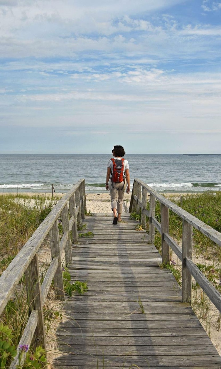 A person walks down to a beach on an elevated wooden boardwalk
