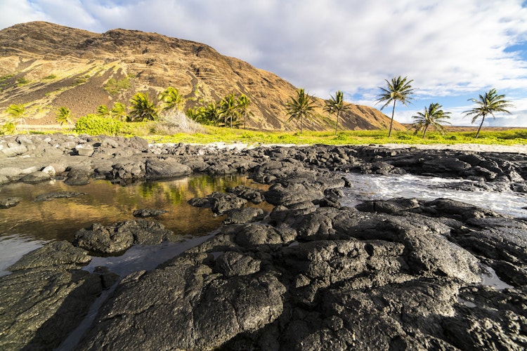 tidepools in volcanic formations on a tropical landscape