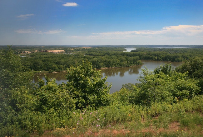 A green floodplain forest surrounds the path of the Mississippi River below the bluffs