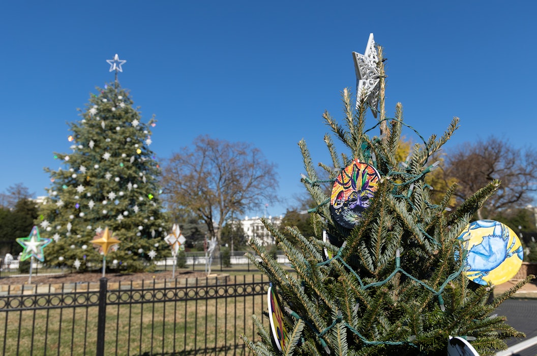 Volunteers decorate the Louisiana Christmas tree in front of the White House for the 2022 National Christmas Tree Lighting.